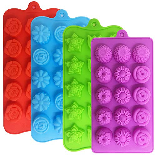 YuCool Silikonform für Schokolade, Süßigkeiten, 15 Förmchen, zum Backen, Eiswürfelform für Hochzeit, Festival, Partys und Basteln, Grün, Blau, Rot und Violett, 4 Stück