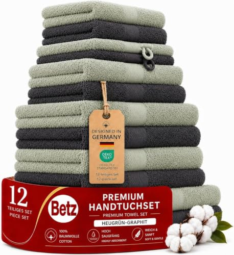 Betz Handtuch Set Premium 12-teilig 100% Baumwolle – 2 Duschtücher, 4 Handtücher, 2 Gästetücher, 2 Seiftücher, 2 Waschhandschuhe – Weiche Frottee Handtücher 470g/m²- Farbe Graphit/heugrün