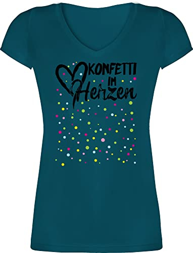 T-Shirt Damen V Ausschnitt - & Fasching - Konfetti im Herzen I Köln Karneval I Confetti - L - Türkis - Tshirt Herz faschingsshirt Faschings Fastnacht Coole-Fun-t-Shirts karnevalsshirts Karnevals