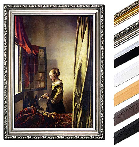 Bilderdepot24 Bild mit Rahmen - Jan Vermeer Briefleserin am offenen Fenster 60x80 cm - Gerahmtes Leinwandbild Alte Meister - Antiker Rahmen Silber Barock, Klassisch