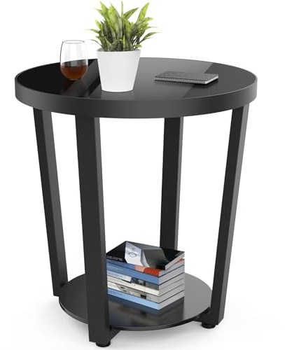 NSFRCLHO Round End Table, Tempered Glass End Table with Metal Frame, Small Coffee Table, Black Sofa Side Table for Living Room, Balcony, Bedroom