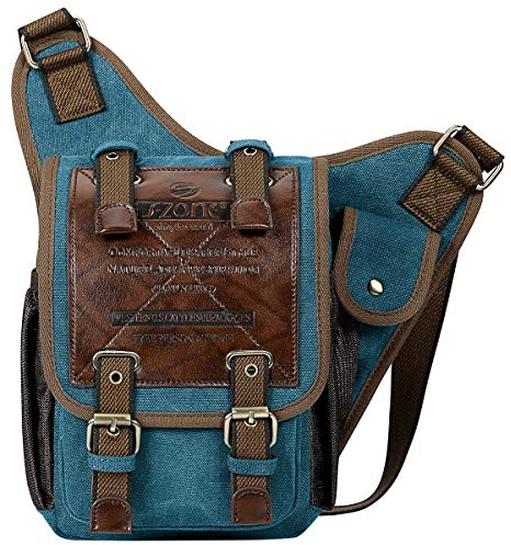 S-ZONE Herren Schultertasche Vintage Canvas PU Leder Crossbody Sling bag Brusttasche Military Sporttasche Multipurpose Rucksack für Reise Wandern Schule Freizeit