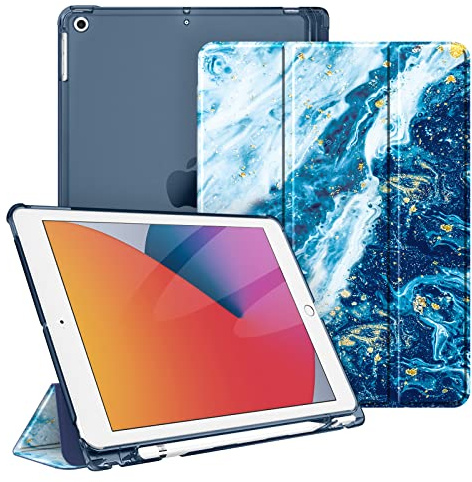 Fintie Hülle für iPad 9./8./7. Generation 10.2 Zoll (Modell 2021/2020/2019) | ultradünne leichte Schutzhülle mit Stifthalter, transparenter Rückseite Case Cover, Auto Schlaf/Wach Funktion, Meeresblau
