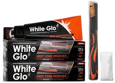 White Glo Charcoal Deep Stain Remover Toothpaste, 100ml -Pack of 2 with Sanitral 50 Pcs Dental Floss Stick Included as a Gift