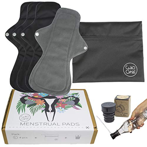 CuloClean 4er pack (L) Waschbare Nachtbinden mit Flügeln aus Bambusfaser. Großes wiederverwendbare Binden aus atmungsaktives und wasserdichtes Gewebe + Tasche + Po Dusche