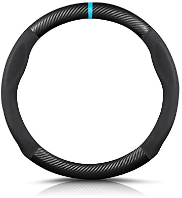 Ergocar Runde Forme Kohlefaser und Mikrofaser PU Leder Lenkradbezug Anti-Rutsch Atmungsaktiv lenkradhülle Schweißabsorbierend Sport Für Durchmesser 38cm（15）-Schwarz Blau