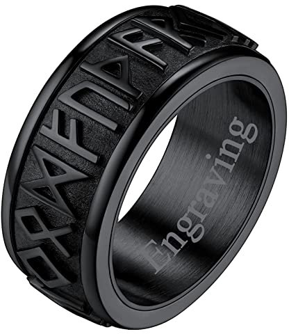 FaithHeart Schwarz Spinnerring drehbarer Mittelring 9mm breit Viking Rune Fingerring Punk Retro Bandring mit Geschenkebox für Herren Damen