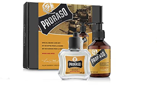 Proraso Beard Care Kit for Men | Beard Wash & Beard Balm to Cleanse, Soften and Reduce Itch for New or Short Beards | Wood & Spice Fragrance