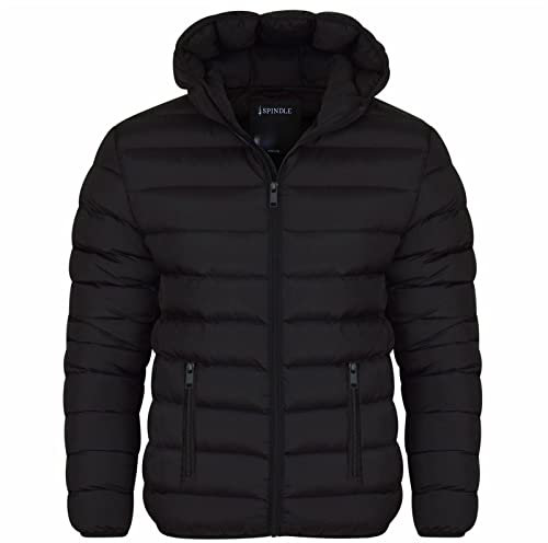 Spindle Mens Plain Black Hooded Padded Quilted Puffer Jacket Winter Coat 4 Zip Pockets Black With Zips L