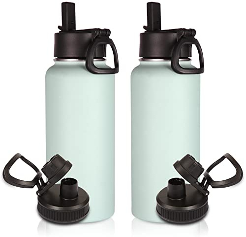 Volhoply 1 liter drickflaska i rostfritt stål, två förpackningar, vakuumisoleradflaska med sugrör, 1 l metalltermos med 2 lock för barn, skola, utomhus (dimblå, 2 i set)