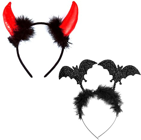 Oblique Unique® Haarreifen Set Teufel Hörner & Fledermaus Haarreif für Halloween Fasching Karneval Motto Party Kostüm Accessoires Teufelshörner