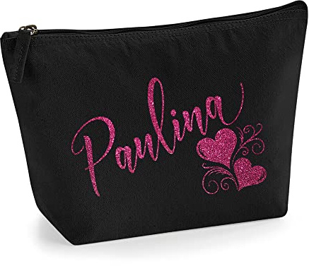 Personalisiert Name Initialen Herz Wirbel Kosmetiktasche Damen Schminktasche für Handtasche Makeup Tasche mit Texturdruck - Rosa Glitzer - M | Schwarz