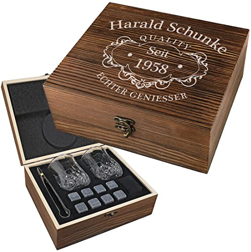 7-TLG Whisky Set mit Gravur - Motiv Echter Geniesser - 1x personalisierte Holzbox - 2X Whiskygläser, 9X Kühlsteine, 1x Beutel, 1x Zange - Eiswürfel - Geschenk - Stones, Glass, Ice Cubes