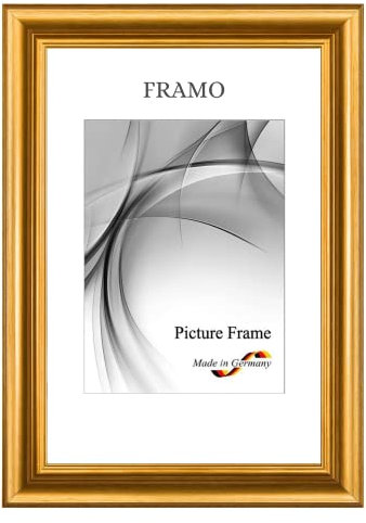 FRAMO N°45 Barock Bilderrahmen 28x34 aus Massivholz | Gold matt | Retro Vintage Antik Holzrahmen inkl. bruchsicherer Anti-Reflex Kunstglasscheibe und Metall Aufhängern