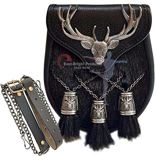 Scottish Kilt Semi Dress Sporran Semi Stag Sporran Antique Unique Stag.470… (Black V-Chain)