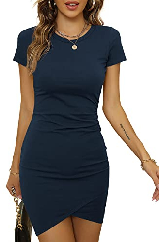 Laughido Mini Robe Portefeuille Moulante à Manches Courtes - Col Rond - Plissée de Plage pour Femme, Bleu Marine, XS