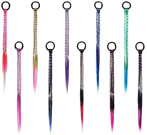 Aomig Haarsträhnen Damen, 10pcs Haarschmuck Mädchen, Farbige Haarverlängerung Braids Extensions Zum Einflechten, Bunte Haarsträhnen mit Elastischem, Extension Zum Einklipsen für Party Festival Cosplay