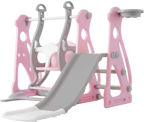 Merax Rutsche für Kinder, 4 in 1 Kinderrutsche Schaukel Basketballkorb, Kletterleiter, Kinder Spielplatz Gartenrutsche für In- und Outdoor, Hinterhof Baby Rutsche Set, Grau & rosa