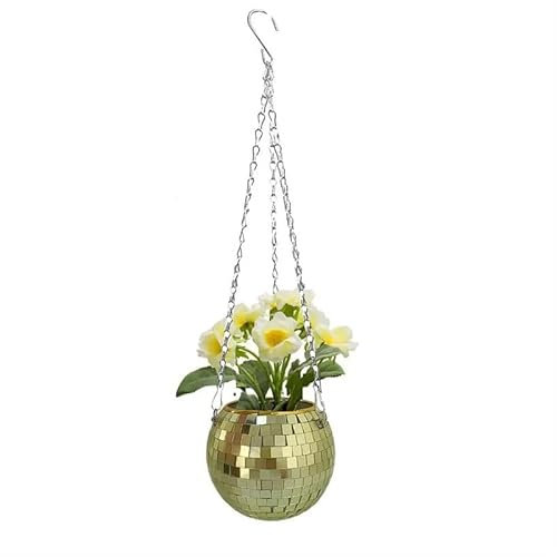 Disco Ball Hanging Flower Pot For Indoor Plants Bohemian Style Flower Planter Pots Rope Mirror Hanging Basket Garden Decor Vase (Color : Gold, Size : 15cm)