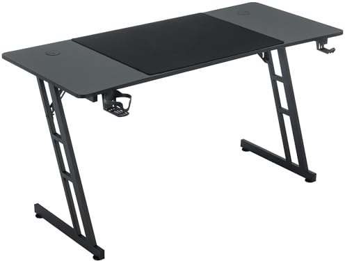 TRMLBE Mesa de gaming, 140 x 60 cm, superficie de fibra de carbono, con soporte para bebidas y gancho para auriculares, mesa ergonómica para oficina en casa