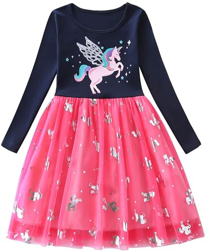 FILOWA Girls Dress Kids Tulle Horse Animal Print Long Sleeve Spring Dresses Cotton Sequin Sparkly Cute Outfit Navy Blue Pink Tutu Fashion Clothes Birthday Party for Children Toddler 7-8 Year,Navy Blue