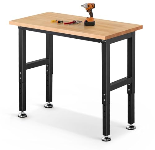 ENJOYWOOD Work Bench 41 Inch Workbench for Garage Adjustable Height Heavy Duty Work Table Rubberwood Tabletop for Cutting Wood Shop Home Office Electronic Woodworking