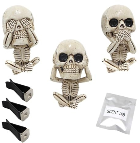 POFET 3 Stück Totenkopf Auto Diffuser, Auto Lufterfrischer Deko Armaturenbrett Innenraum Zubehör Lustig Parfüm Dekoration für Auto Büro, Geschenke für Frauen Männer