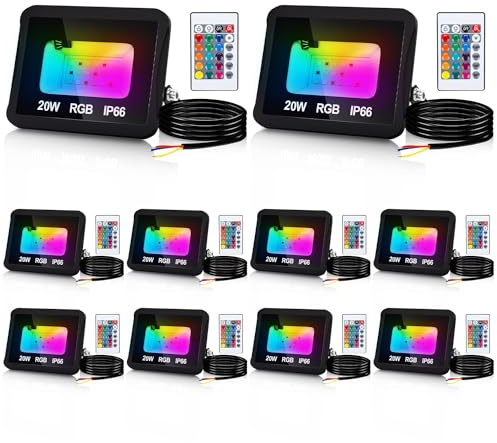 Yakimz reflector LED 20W 10pcs, Foco RGB con mando a distancia, super brillante LED reflector lámparas regulables Ip66 impermeable color cambiante LED proyector luz para Navidad, jardín, árboles