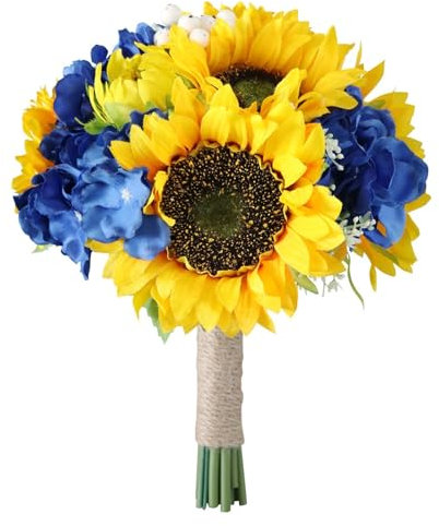Künstliche Rose, gelbe Sonnenblume, Brautstrauß, rustikaler Seidenblumenstrauß, Hochzeitsblume für Braut, Brautjungfer, gelbe Blumen für Hochzeit, Zuhause, Party-Dekoration