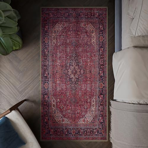 artyrugs Machine Washable Rug, 80x150cm, 75% Recycled Cotton, Short Pile, Non-Slip Backing, Non-Shedding, Suitable for Bedroom, Kitchen, Hallway, Office, Midsize, Aesthetic Crimson Red