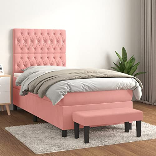 OHOOWOO Boxspringbett mit Matratze Rosa 90x200 cm Samt,Elegantes SamtBoxspringbett mit verstellbarem Kopfteil und mittelharter Taschenfederkernmatratze für erholsamen Schlaf