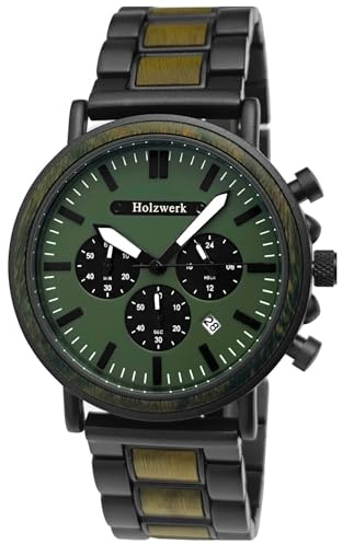 Holzwerk Germany Handgefertigte Designer Herren-Uhr Öko Natur Holz-Uhr Chronograph Armband-Uhr Analog Quarz-Uhr Grün Braun Schwarz Datum Holz
