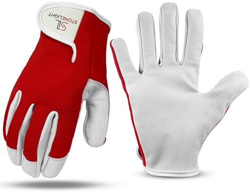 STONELIGHT Unisex Gardening Gloves Made with Leather & Spandex - Thorn Proof Rigger Safety Work Gloves with Reinforced Fingertips, Adjustable Wrist Closure, Waterproof & Breathable (Red, L)