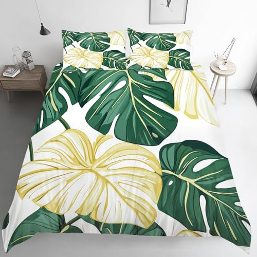 ZyxMehtic Tropische Blätter Bettwäsche 155x220 Winter Pflanze Bettwäsche Set 3teilig, Weich & Bügelfrei Gelb Bettbezug, Mikrofaser Wende Bettwäsche mit 2 Kissenbezüg 80x80 cm und Reißverschluss