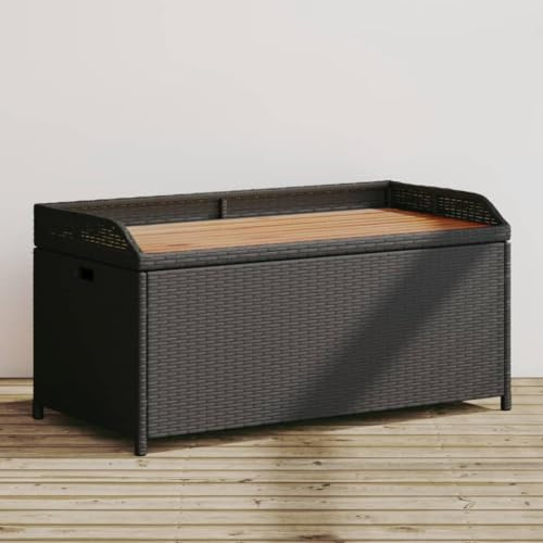 KOIECETA Bank Sitzbank unter Sitzfläche Gartenbank UV-Beständig für den Außenbereich Parkbank Gartenmöbel Poly Rattan Akazienholz mit Stauraum Schwarz 100x50x52 cm Poly Rattan Akazienholz