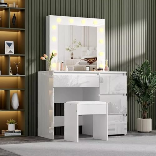 TRIOBLADE Dressing Table with Mirror and Stool White Dressing Table with LED Light 4 Drawers High Gloss Makeup Desk Bedroom Vanity Desk Ideal for Girls and Women Bedroom Furniture