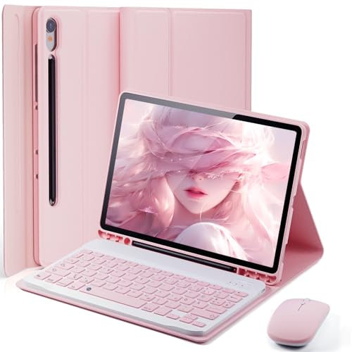 für Samsung Galaxy Tab S10 Lite/S10 FE (2025)/S9 FE /Tab S9 (2023)/Tab S8 (2022)/Tab S7 (2020) Hülle 10,9-11 Zoll mit kabelloser Bluetooth Deutsche Tastatur (QWERTZ) Und Maus, Keyboard case Rosa