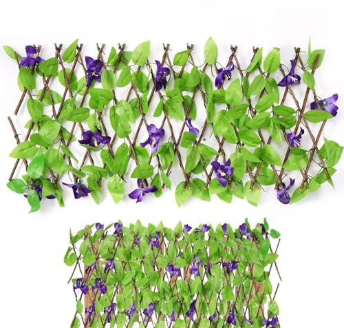 Siepe Artificiale Con Pannello Estensibile In Colore, 200x40 Cm Siepe Finta Artificiale Con Fiori, Estensibile In Legno Siepe Sintetica Con Foglie Copri Ringhiera Verde Recinzione