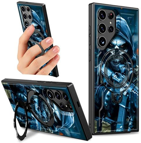 Dikoer Kickstand Case for Samsung Galaxy S25 Ultra 5G 6.9 with 360 Degree Rotatable Ring Holder Stand for Women Men, Rugged Hard Bumper Full Body Shockproof Case, Cool Gray Skull