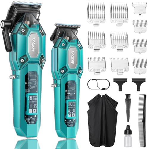 VGR Professional Hair Clippers for Men, Cordless Barber Clippers and Trimmers Set, Mens Hair Cutting Kit with 10 Guide Combs, USB Rechargeable Haircut Machine for Family, LED Display, Green
