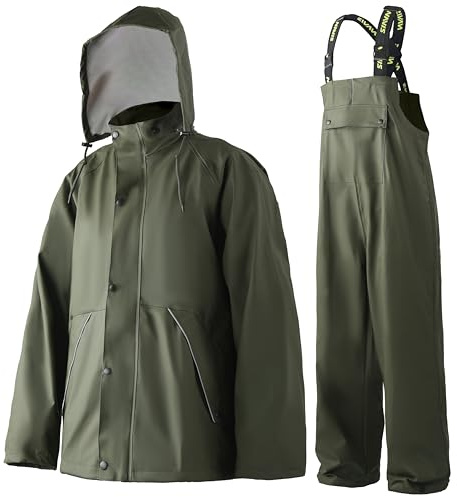 Traje lluvia hombre PU impermeable resistente con peto y capucha | Tirantes ajustables,capucha desmontable, para pesca, construcción, trabajo y actividades al aire libre