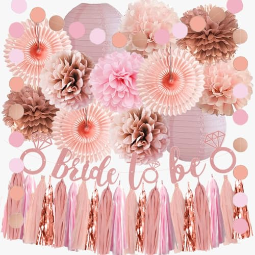 Decorazioni per doccia nuziale in oro rosa rosa Boho Bride to Be decorazioni oro rosa cipria decorazioni per feste di addio al nubilato rosa polveroso pompon lanterne con ghirlanda di nappe