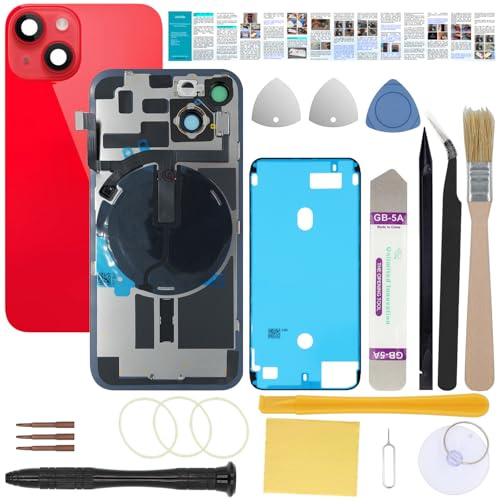 UooFide Rear Back Cover Glass Replacement Compatible with iPhone 14 Plus 6.7-Inches All Carriers + Pre-Installed Plate+Wireless Charging Coil Flex Cable +Flashlight+Microphone+Camera Frame+Tools (Red)