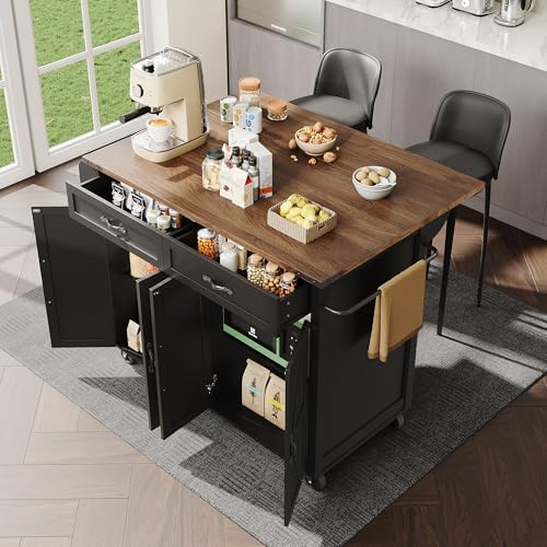 LAKFEW Isla Cocina con Ruedas, Aparador Cocina con Encimera Plegable y 4 Puertas, Mueble Cocina con 2 Cajones y Toallero, 140x45(73) x93 cm, Negro