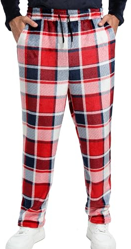Yukiuiny Pantalón Largo Terciopelo Hombre Pijamas Polar Suaves Grueso Cuadros Invierno Forro Elástico Ropa de Dormir Cómodo Regalos para Hombres Navidad Rojo Azul Marino M