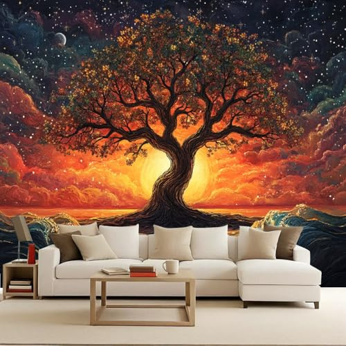 Papel Pintado Árbol de Vida Vintage Arte Paisaje 250x175 cm Efectos 3D Papel Tapiz Fotográfico Tejido No Tejido Mate Póster Fotomurales Decoración Pared Para Dormitorio Salón Decorativos Murales