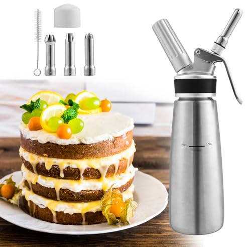 Peviasot Sahnespender, 500 ml Sahnespender mit 3 Edelstahldüsen und 1 Reinigungsbürste, Professionelle Sahnesyphon für Nachspeisen, Auslaufsicher Schlagsahnebereiter für Desserts Gebäck, Edelstahl