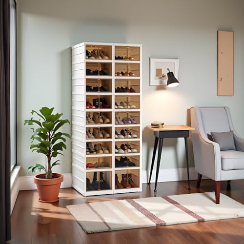 AllE quip Klappbarer Schuhhalter, 9 Stufe 36 Doppel-Klappschrank, Transparent Stapelbarer Schuh-Aufbewahrungskasten, Magnetsaugtürrahmen mit Rädern, weiß