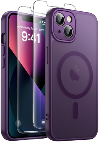 FLLAO for iPhone 13 Case, Magnetic Bumper Phone Case with 2 Tempered Glass Screen Protector, Full Camera Protection, Military-Grade Shockproof, Slim Translucent Matte, Darkpurple