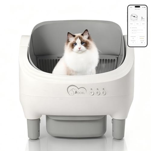 DOEL Selbstreinigende Katzentoilette mit offenem Design, App-Steuerung/Sicherheit/leicht zu entfernen und zu reinigen, 10,5 l großvolumiger Abfallbehälter für mehrere Katzen